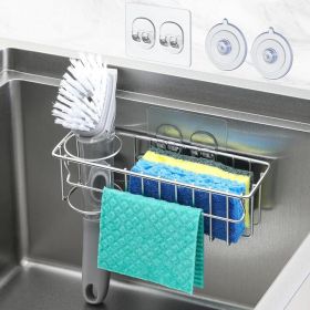 3-in-1 Stainless Steel Kitchen Sink Sponge Holder With Suction Cups, Adhesive Hook And Dish Cloth Organizer Rack (Option: Silver)