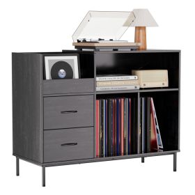 Record Player Stand With Power Outlet  Flip-Down Lid, Turntable Table With Storage For 300 Vinyls, Black Wood Grain Media Console With 2 Drawers, (Option: Black)