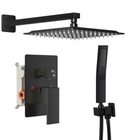 Wall-mounted shower faucet set - 10-12inch square overhead spray + handheld shower head with pressure balance and temperature control valve (Option: black/10in)