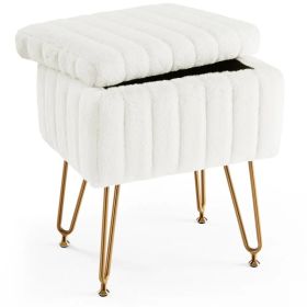 Vanity Stool Chair with Storage, Ottoman Faux Fur Soft Padded Makeup Footstools Seat with 4 Metal Legs Anti-Slip Adjustable Feet Modern (Option: White)