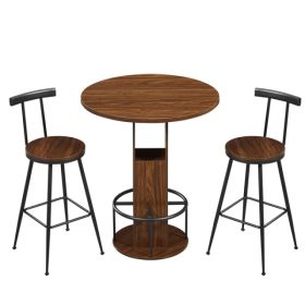 3-Piece Bar Table And Stool Set 31.5-inch Round Bar Table With Two Stools Compact Wooden Dining Bar With Metal Ring Footrest Ideal For Restaurant (Option: defaulttitle)