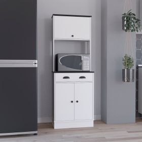 Apex Kitchen Pantry with Drawer, Two Cabinets, and Microwave Stand (Material: Manufactured Wood, Color: White / Black)